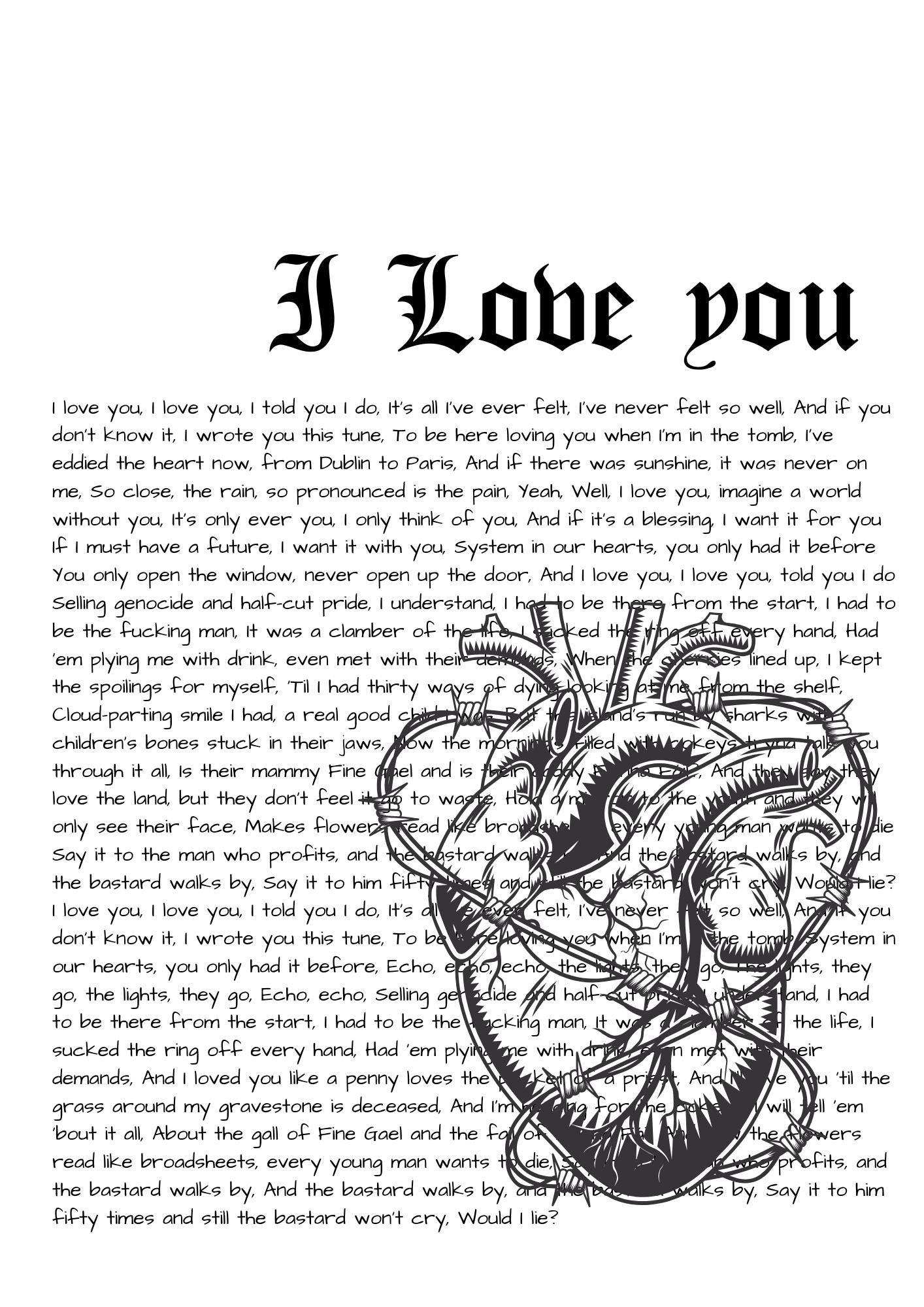 Fontaines D.C. ‘I Love You’ Poster – A4 Lyric Print on Satin Paper – Irish Band Wall Art
