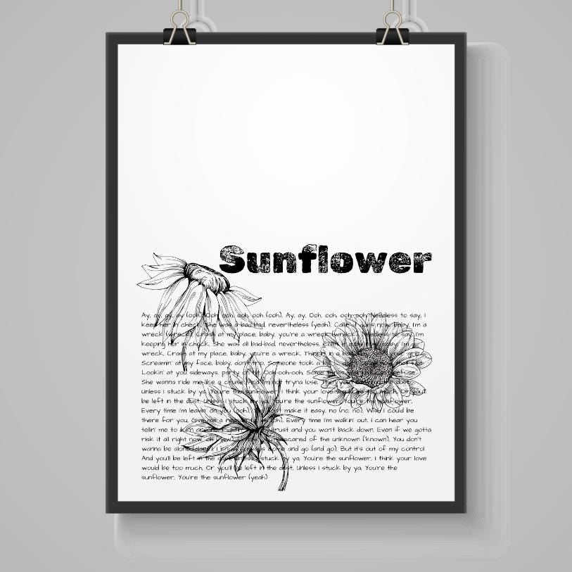Post Malone ‘Sunflower’ Lyric Print – A4 Poster on Satin Oyster 265gsm Paper
